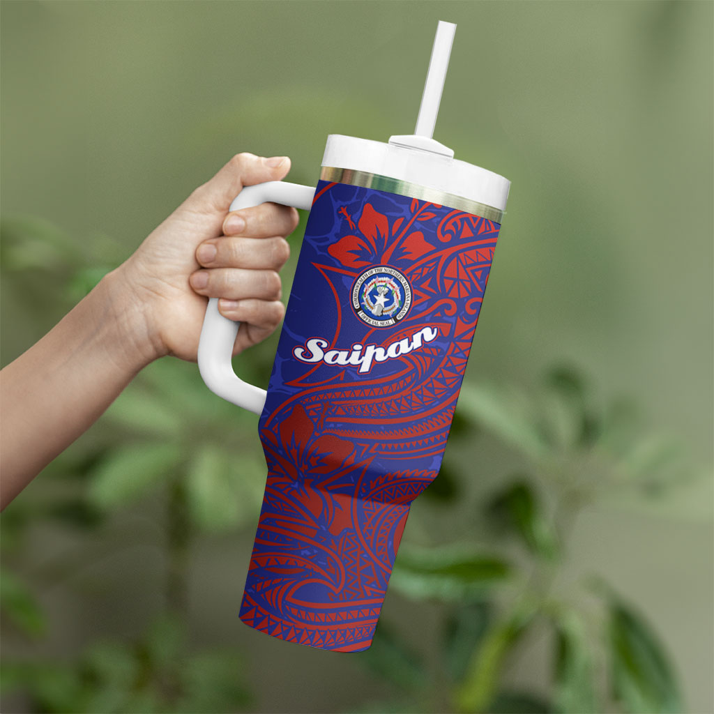 Saipan Northern Mariana Islands Tumbler With Handle Polynesian Tribal Tattoo Art With Hibiscus Flowers And Seal TS04 - Polynesian Pride