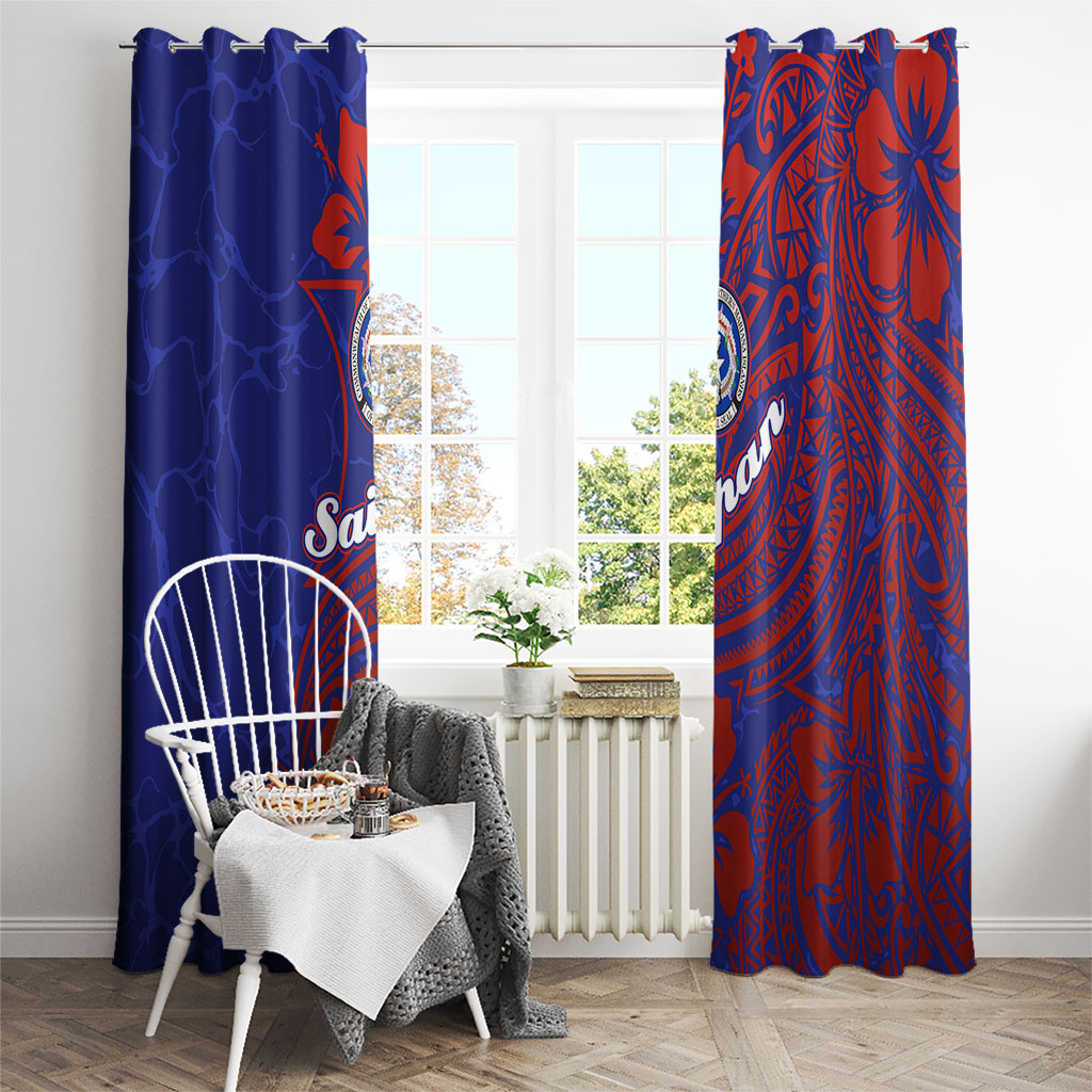 Saipan Northern Mariana Islands Window Curtain Polynesian Tribal Tattoo Art With Hibiscus Flowers And Seal