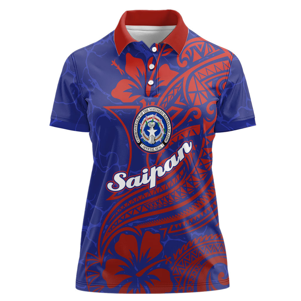 Saipan Northern Mariana Islands Women Polo Shirt Polynesian Tribal Tattoo Art With Hibiscus Flowers And Seal TS04 Female Blue Red - Polynesian Pride