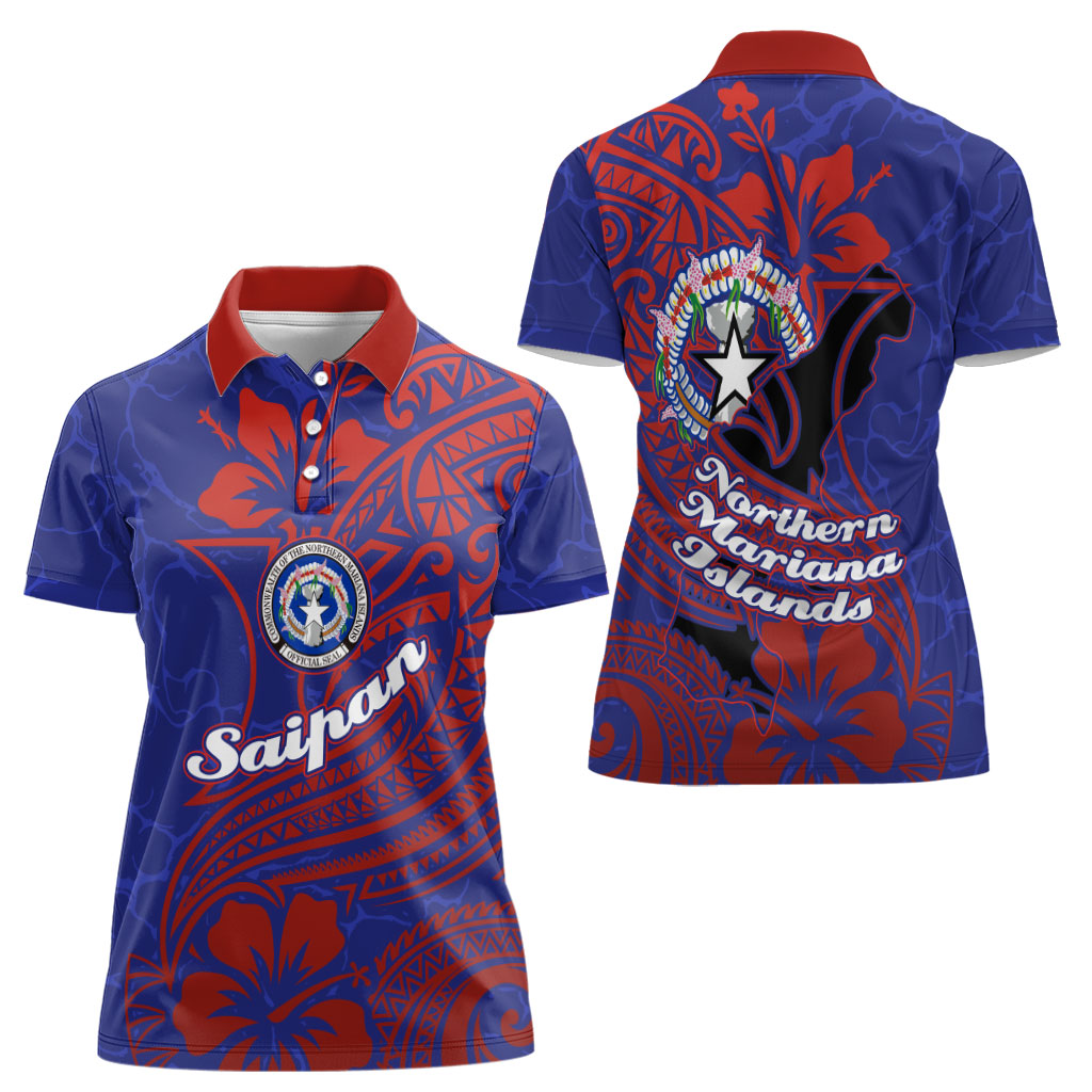 Saipan Northern Mariana Islands Women Polo Shirt Polynesian Tribal Tattoo Art With Hibiscus Flowers And Seal TS04 - Polynesian Pride