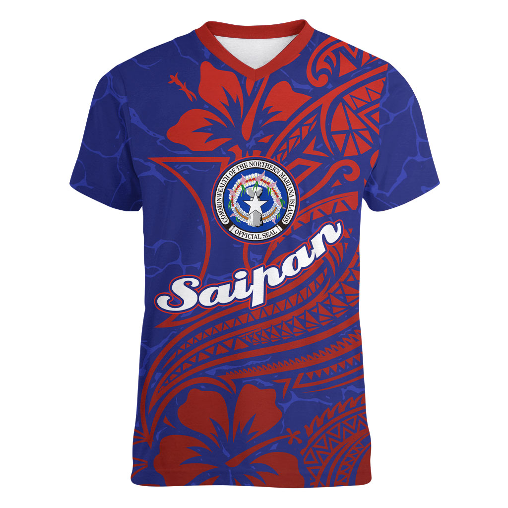 Saipan Northern Mariana Islands Women V-Neck T-Shirt Polynesian Tribal Tattoo Art With Hibiscus Flowers And Seal TS04 Female Blue Red - Polynesian Pride