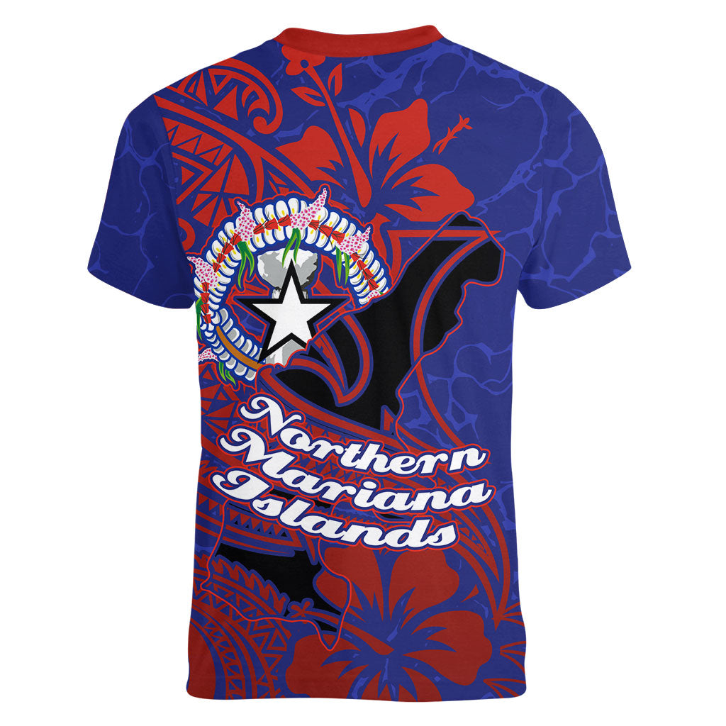 Saipan Northern Mariana Islands Women V-Neck T-Shirt Polynesian Tribal Tattoo Art With Hibiscus Flowers And Seal TS04 - Polynesian Pride