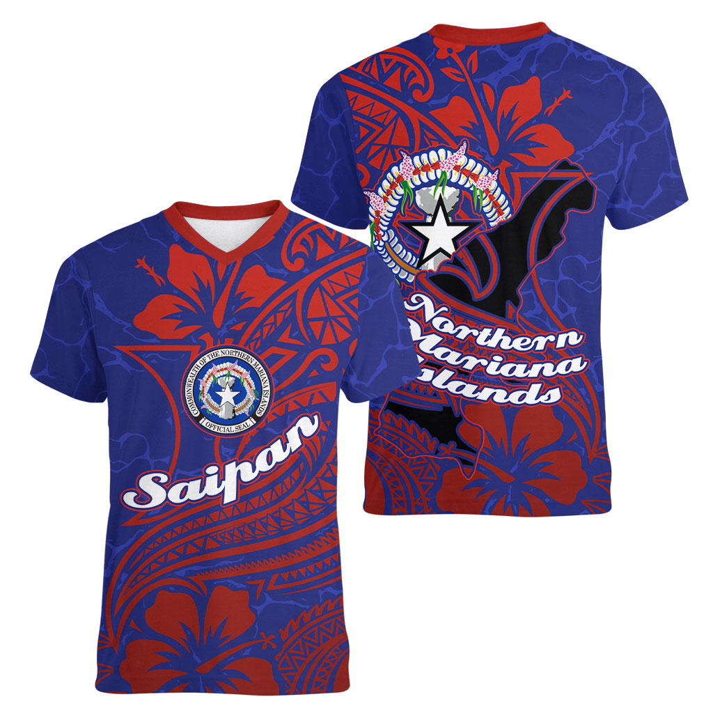 Saipan Northern Mariana Islands Women V-Neck T-Shirt Polynesian Tribal Tattoo Art With Hibiscus Flowers And Seal TS04 - Polynesian Pride