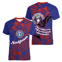 Saipan Northern Mariana Islands Women V-Neck T-Shirt Polynesian Tribal Tattoo Art With Hibiscus Flowers And Seal TS04 - Polynesian Pride