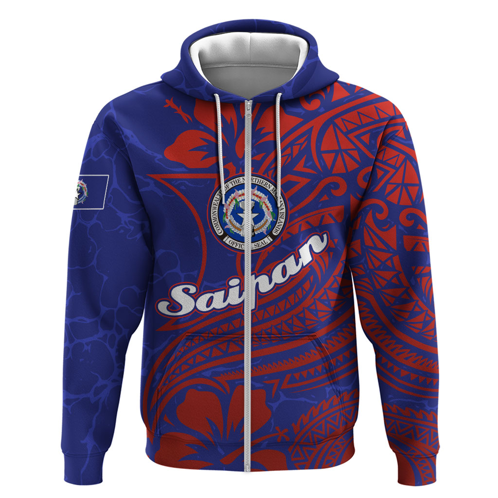 Saipan Northern Mariana Islands Zip Hoodie Polynesian Tribal Tattoo Art With Hibiscus Flowers And Seal TS04 Zip Hoodie Blue Red - Polynesian Pride