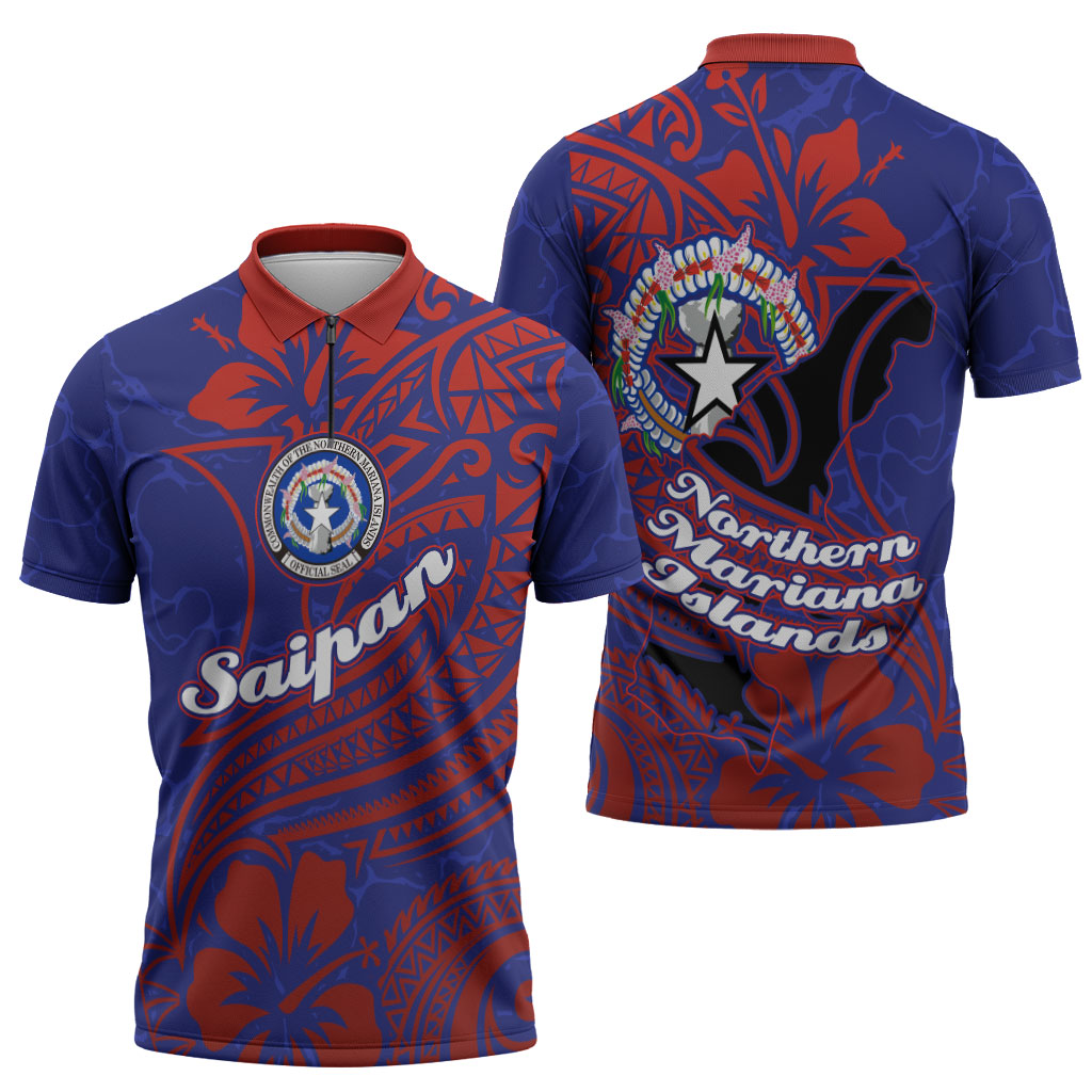 Saipan Northern Mariana Islands Zipper Polo Shirt Polynesian Tribal Tattoo Art With Hibiscus Flowers And Seal TS04 - Polynesian Pride