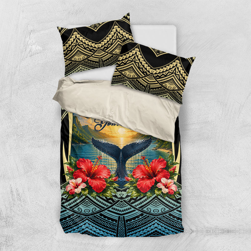 Personalized Masefau American Samoa Whale Bedding Set Polynesian Tribal Pattern Tropical Hibiscus
