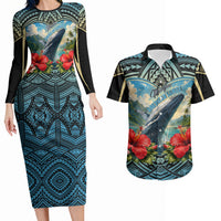 Personalized Masefau American Samoa Whale Couples Matching Long Sleeve Bodycon Dress and Hawaiian Shirt Polynesian Tribal Pattern Tropical Hibiscus