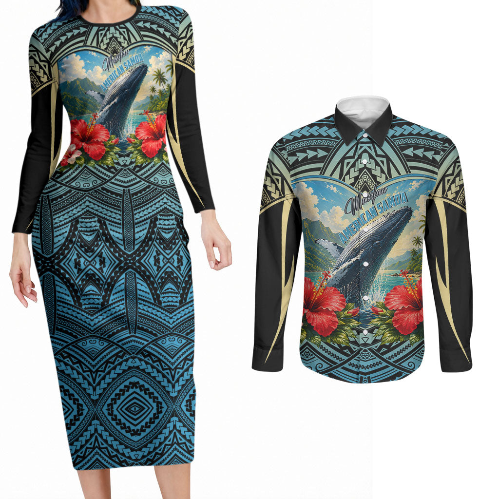 Personalized Masefau American Samoa Whale Couples Matching Long Sleeve Bodycon Dress and Long Sleeve Button Shirt Polynesian Tribal Pattern Tropical Hibiscus