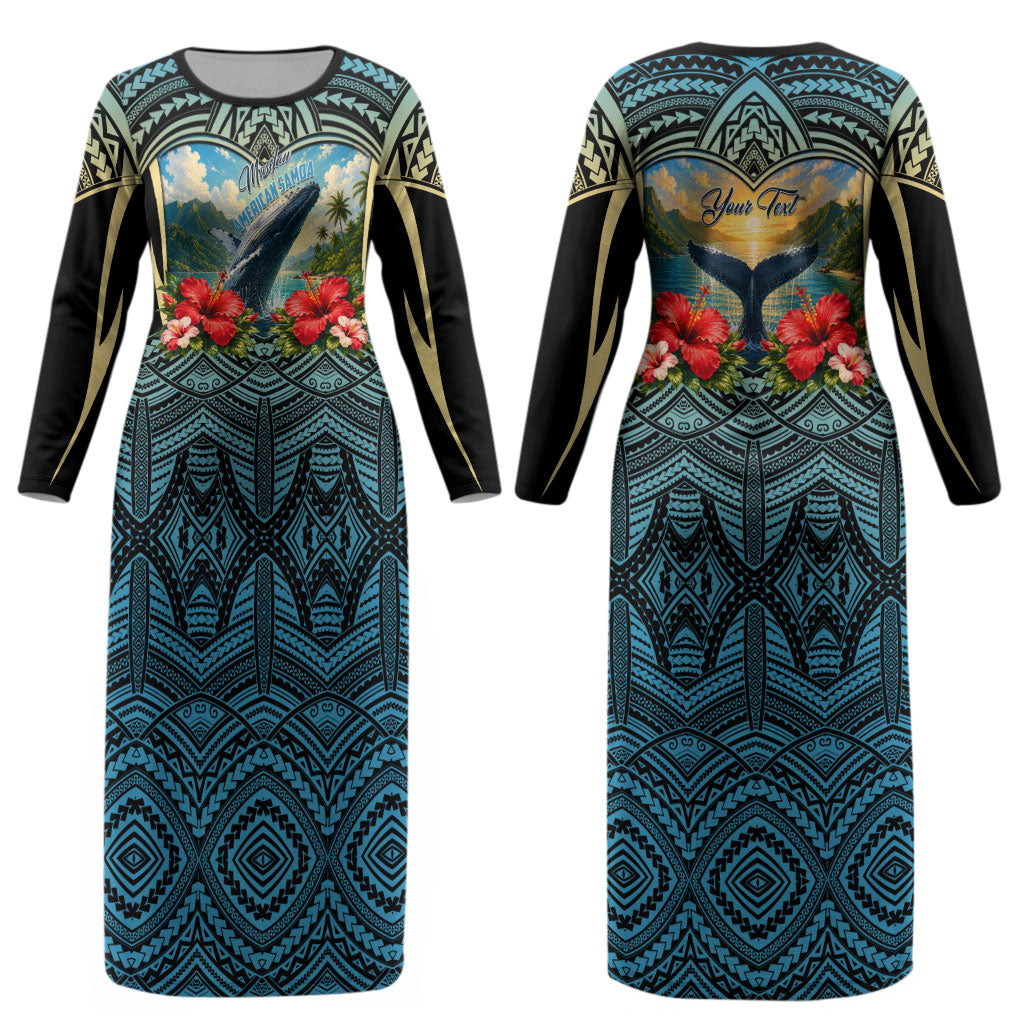 Personalized Masefau American Samoa Whale Couples Matching Long Sleeve Bodycon Dress and Long Sleeve Button Shirt Polynesian Tribal Pattern Tropical Hibiscus
