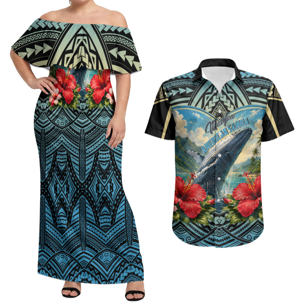 Personalized Masefau American Samoa Whale Couples Matching Off Shoulder Maxi Dress and Hawaiian Shirt Polynesian Tribal Pattern Tropical Hibiscus