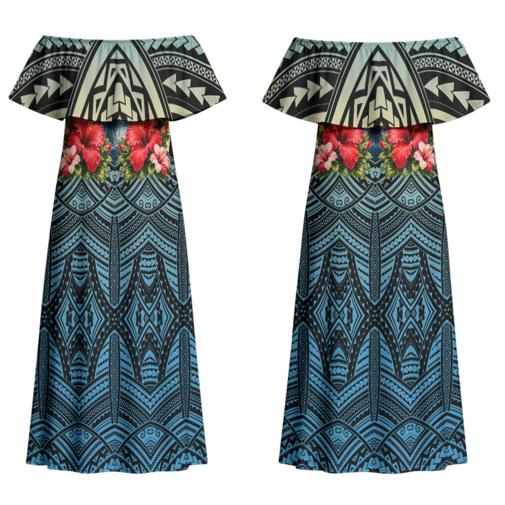 Personalized Masefau American Samoa Whale Couples Matching Off Shoulder Maxi Dress and Long Sleeve Button Shirt Polynesian Tribal Pattern Tropical Hibiscus