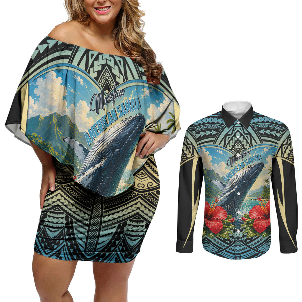 Personalized Masefau American Samoa Whale Couples Matching Off Shoulder Short Dress and Long Sleeve Button Shirt Polynesian Tribal Pattern Tropical Hibiscus