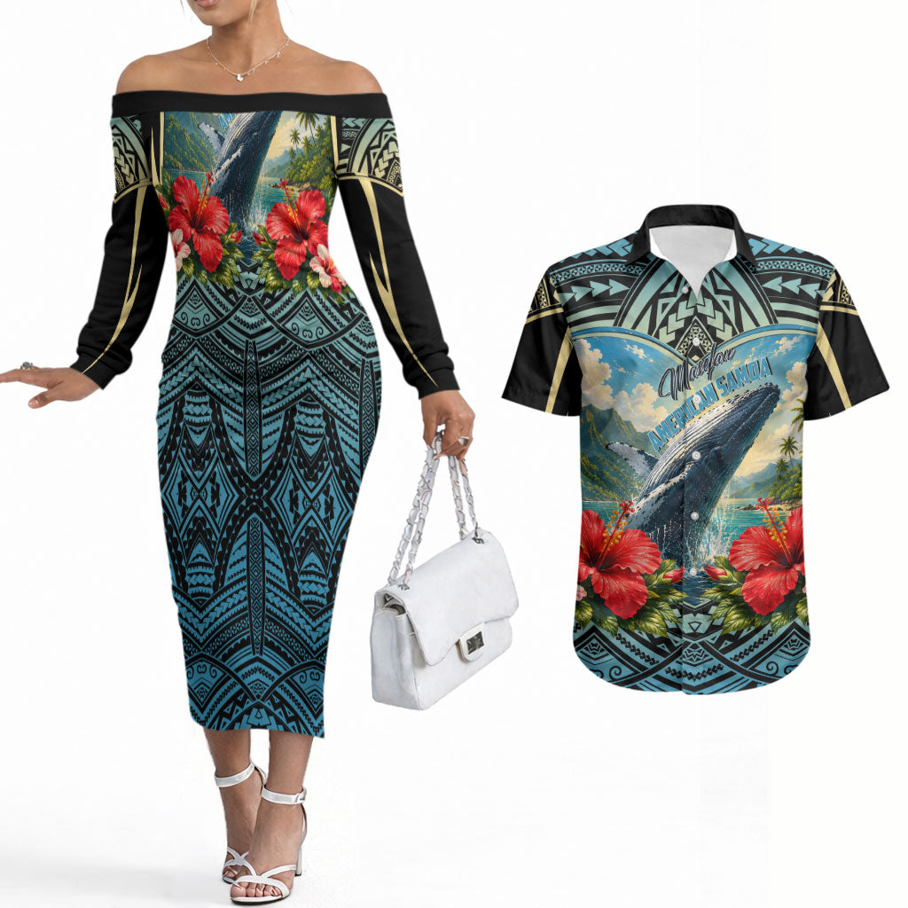 Personalized Masefau American Samoa Whale Couples Matching Off The Shoulder Long Sleeve Dress and Hawaiian Shirt Polynesian Tribal Pattern Tropical Hibiscus TS04 Black Blue - Polynesian Pride