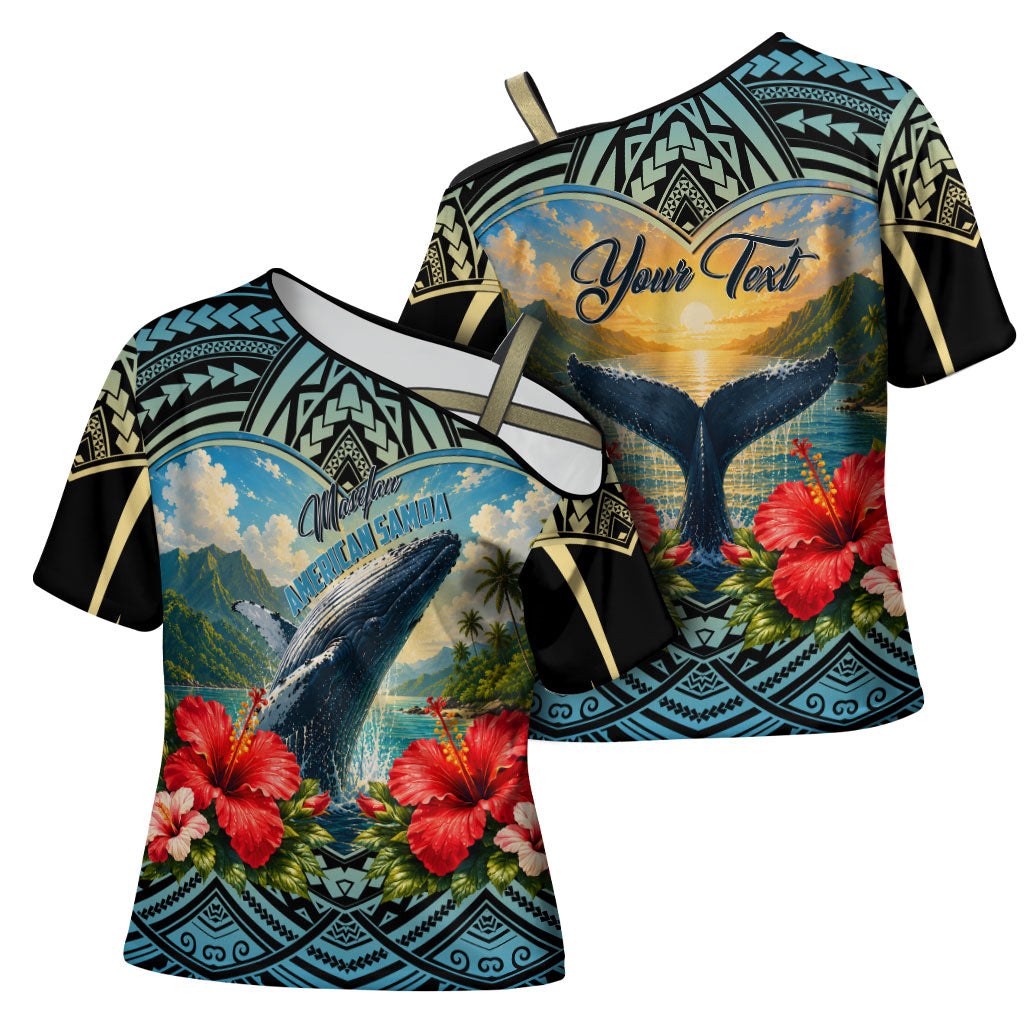 Personalized Masefau American Samoa Whale Cross Shoulder Shirt Polynesian Tribal Pattern Tropical Hibiscus