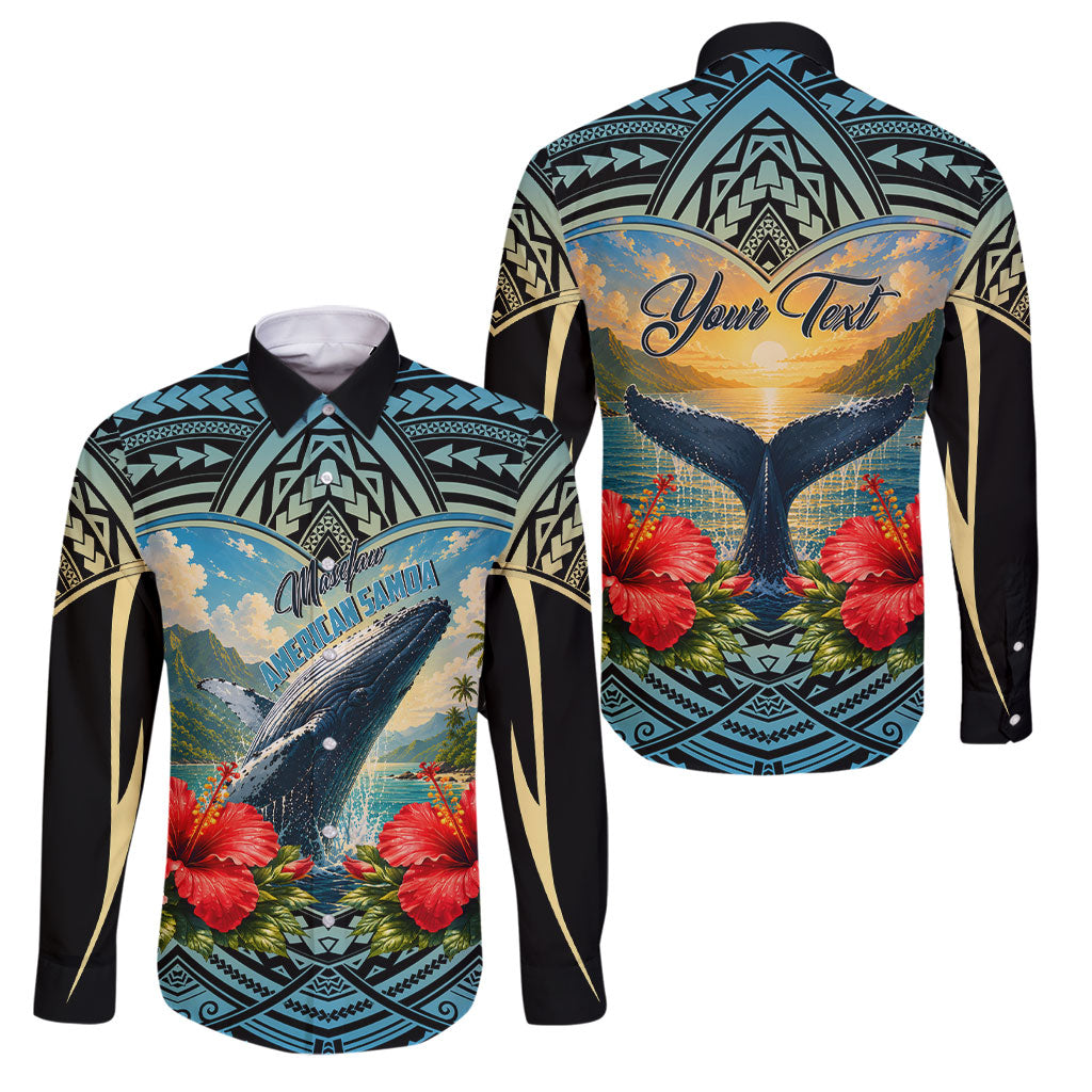Personalized Masefau American Samoa Whale Family Matching Long Sleeve Bodycon Dress and Hawaiian Shirt Polynesian Tribal Pattern Tropical Hibiscus
