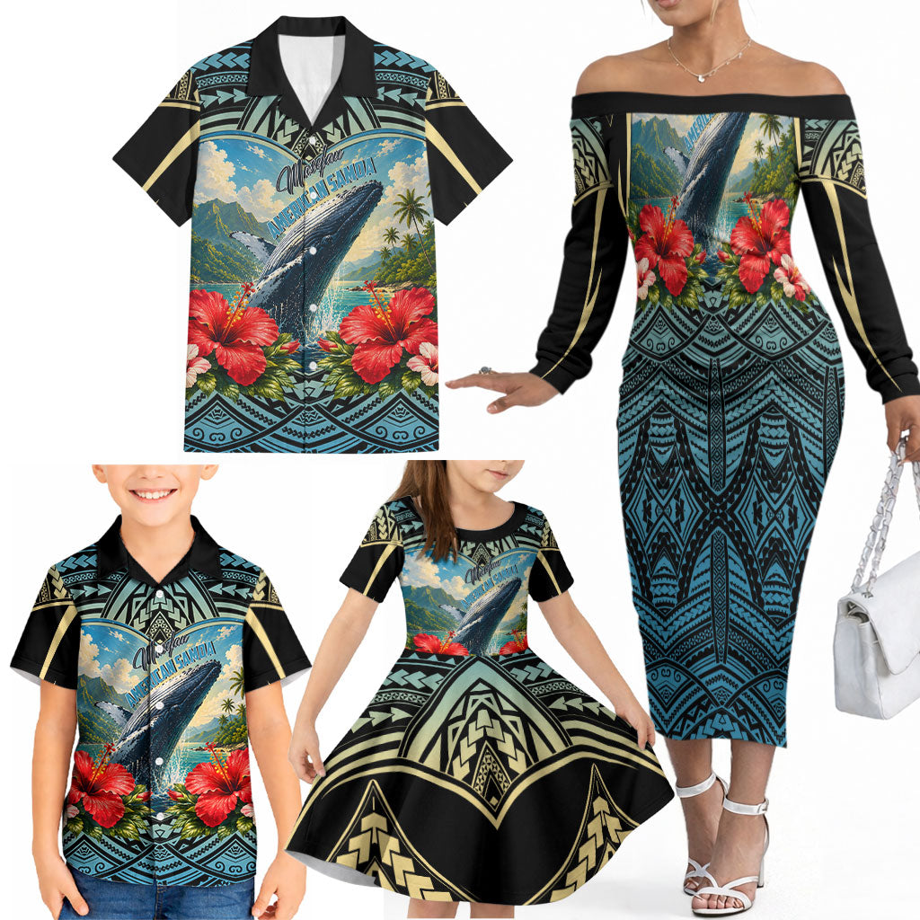 Personalized Masefau American Samoa Whale Family Matching Off The Shoulder Long Sleeve Dress and Hawaiian Shirt Polynesian Tribal Pattern Tropical Hibiscus