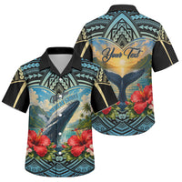 Personalized Masefau American Samoa Whale Family Matching Off Shoulder Short Dress and Hawaiian Shirt Polynesian Tribal Pattern Tropical Hibiscus