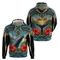 Personalized Masefau American Samoa Whale Hoodie Polynesian Tribal Pattern Tropical Hibiscus