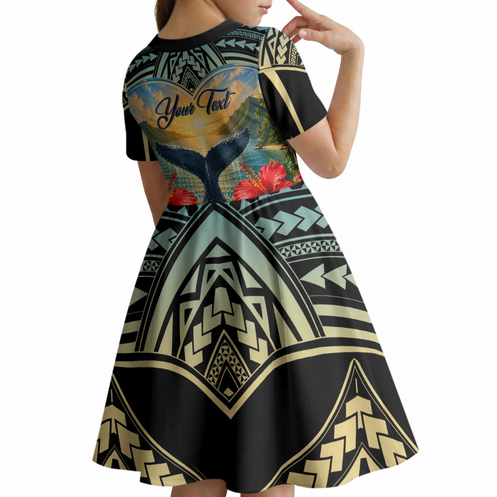 Personalized Masefau American Samoa Whale Kid Short Sleeve Dress Polynesian Tribal Pattern Tropical Hibiscus
