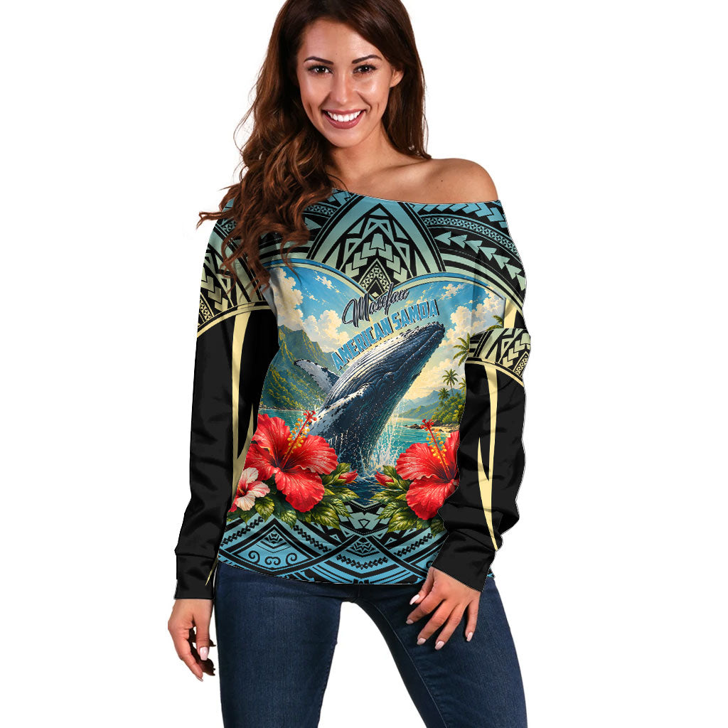 Personalized Masefau American Samoa Whale Off Shoulder Sweater Polynesian Tribal Pattern Tropical Hibiscus