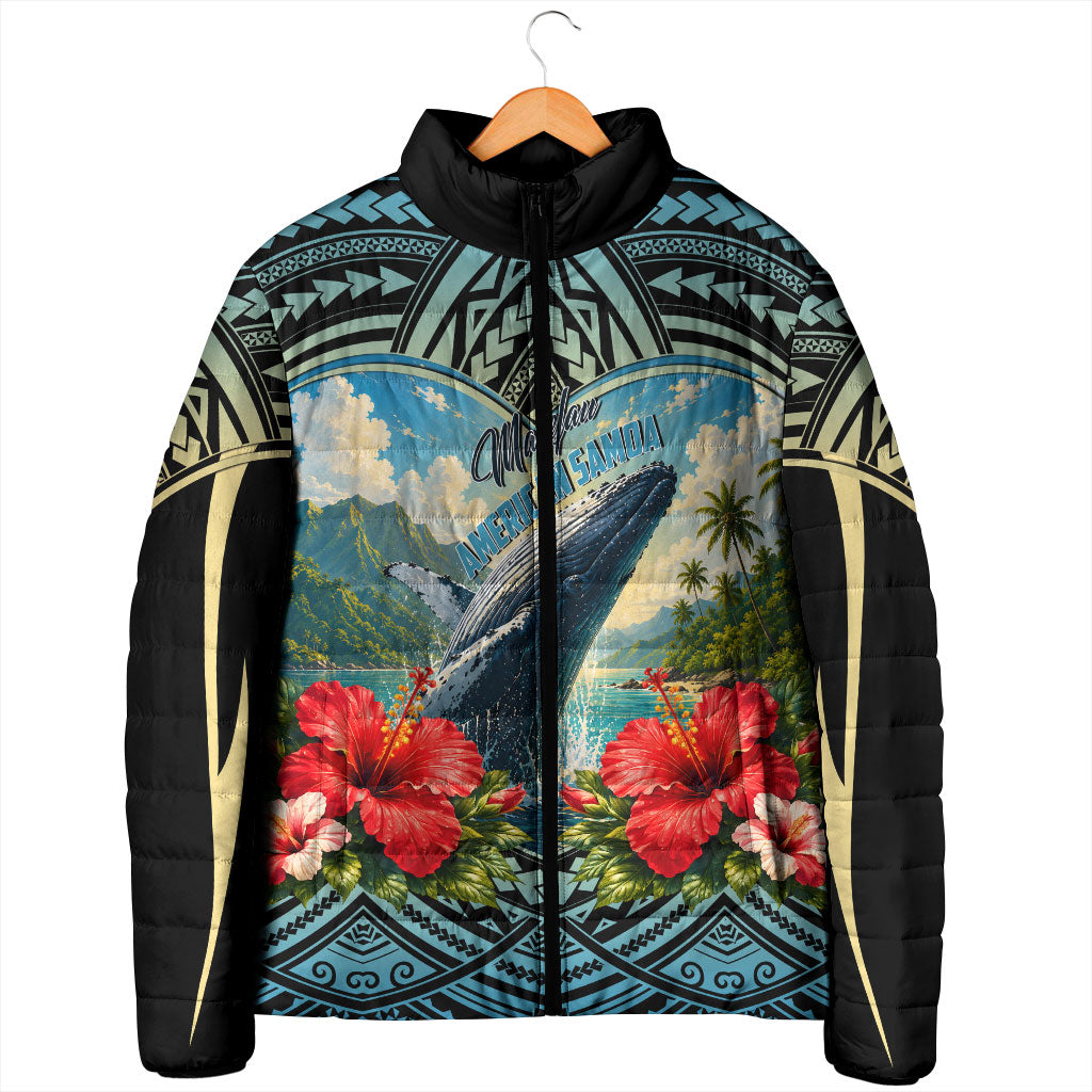Personalized Masefau American Samoa Whale Padded Jacket Polynesian Tribal Pattern Tropical Hibiscus