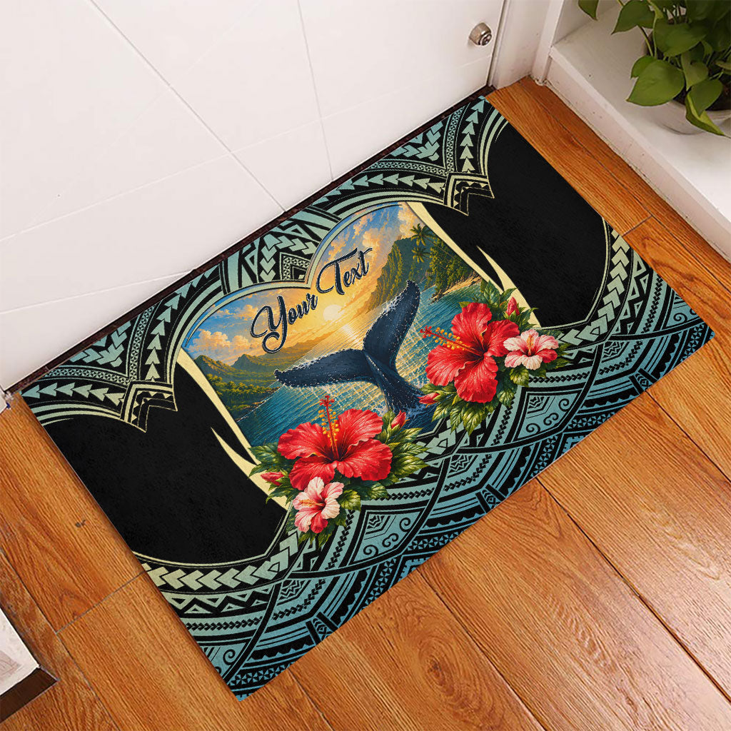 Personalized Masefau American Samoa Whale Rubber Doormat Polynesian Tribal Pattern Tropical Hibiscus