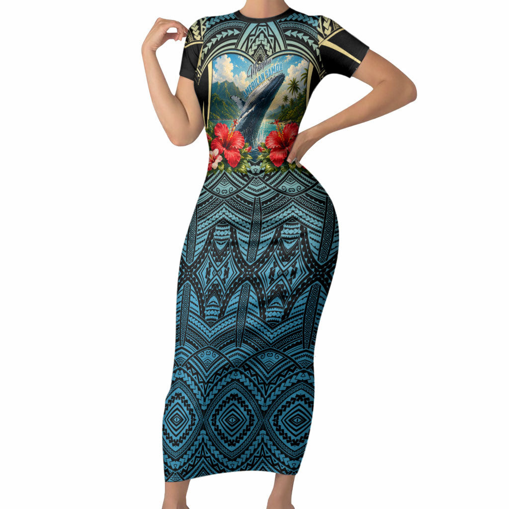 Personalized Masefau American Samoa Whale Short Sleeve Bodycon Dress Polynesian Tribal Pattern Tropical Hibiscus TS04 Long Dress Black Blue - Polynesian Pride