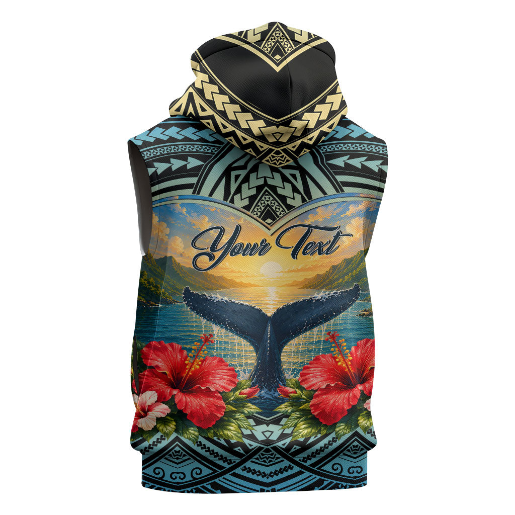 Personalized Masefau American Samoa Whale Sleeveless Zip Hoodie Polynesian Tribal Pattern Tropical Hibiscus