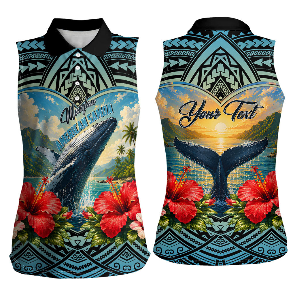 Personalized Masefau American Samoa Whale Women Sleeveless Polo Shirt Polynesian Tribal Pattern Tropical Hibiscus