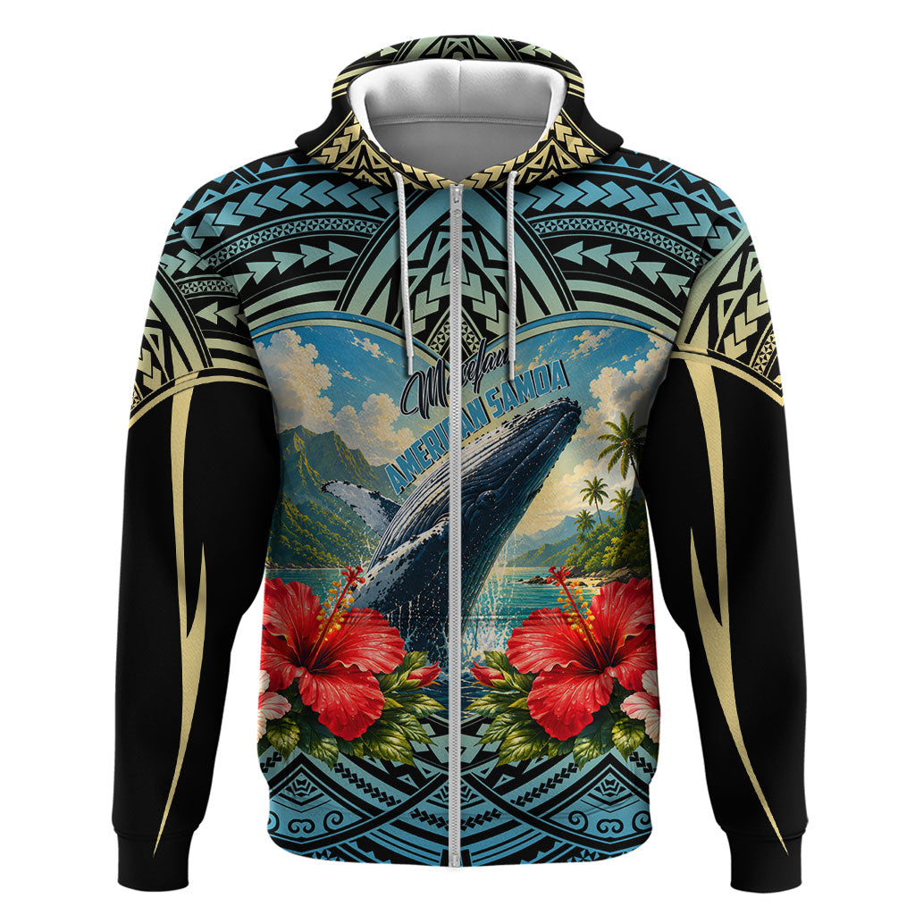 Personalized Masefau American Samoa Whale Zip Hoodie Polynesian Tribal Pattern Tropical Hibiscus TS04 Zip Hoodie Black Blue - Polynesian Pride