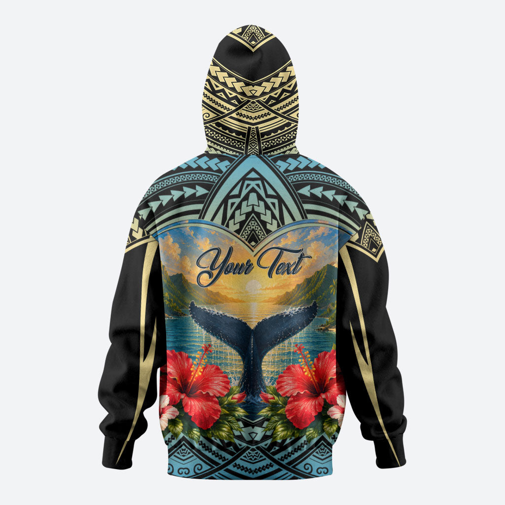 Personalized Masefau American Samoa Whale Zip Hoodie Polynesian Tribal Pattern Tropical Hibiscus