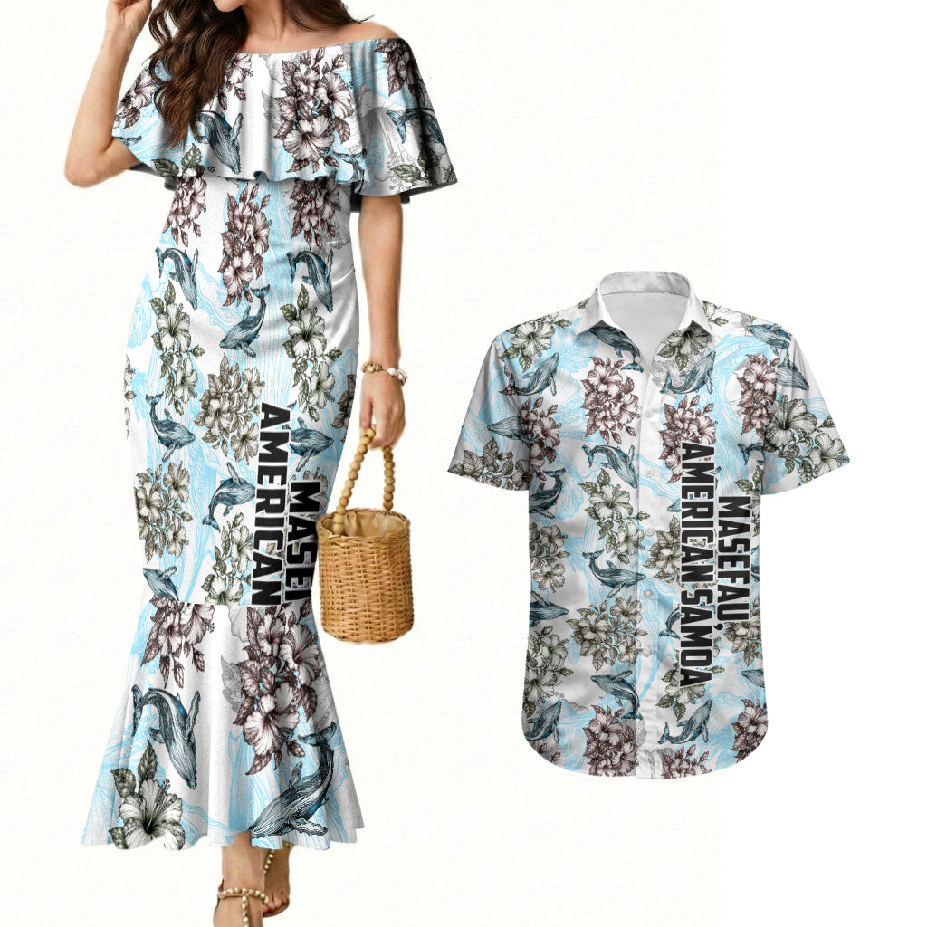 Personalized Masefau American Samoa Couples Matching Mermaid Dress and Hawaiian Shirt Vintage Whale Hibiscus Ocean Waves TS04 White Blue - Polynesian Pride