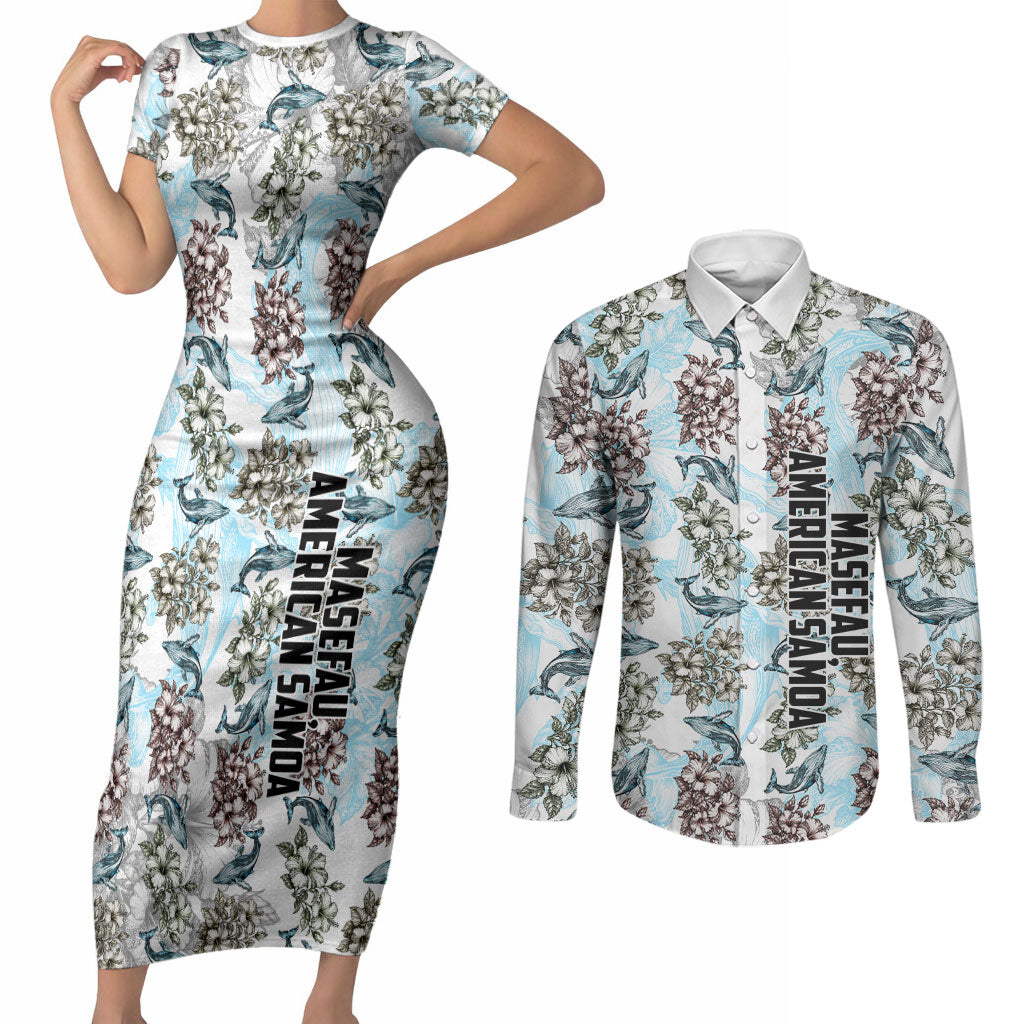 Personalized Masefau American Samoa Couples Matching Short Sleeve Bodycon Dress and Long Sleeve Button Shirt Vintage Whale Hibiscus Ocean Waves