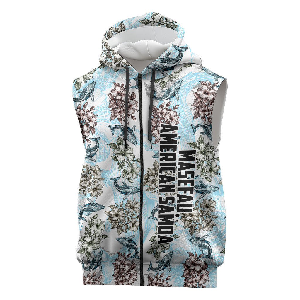 Personalized Masefau American Samoa Sleeveless Zip Hoodie Vintage Whale Hibiscus Ocean Waves