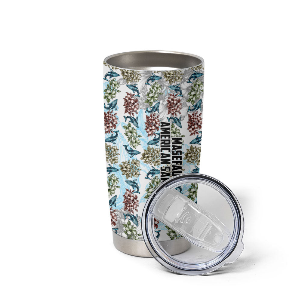 Personalized Masefau American Samoa Tumbler Cup Vintage Whale Hibiscus Ocean Waves
