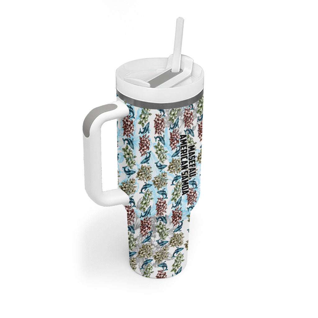 Personalized Masefau American Samoa Tumbler With Handle Vintage Whale Hibiscus Ocean Waves