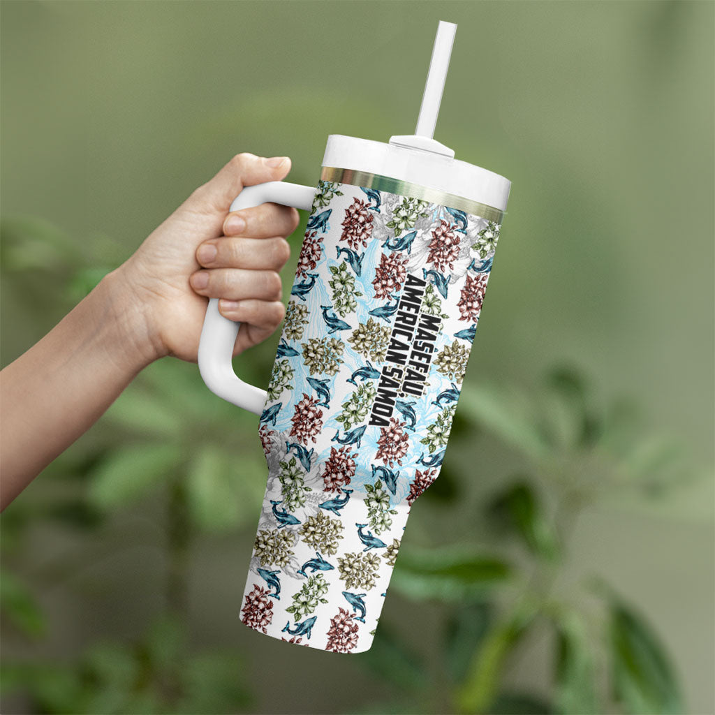Personalized Masefau American Samoa Tumbler With Handle Vintage Whale Hibiscus Ocean Waves