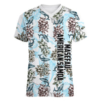 Personalized Masefau American Samoa Women V-Neck T-Shirt Vintage Whale Hibiscus Ocean Waves