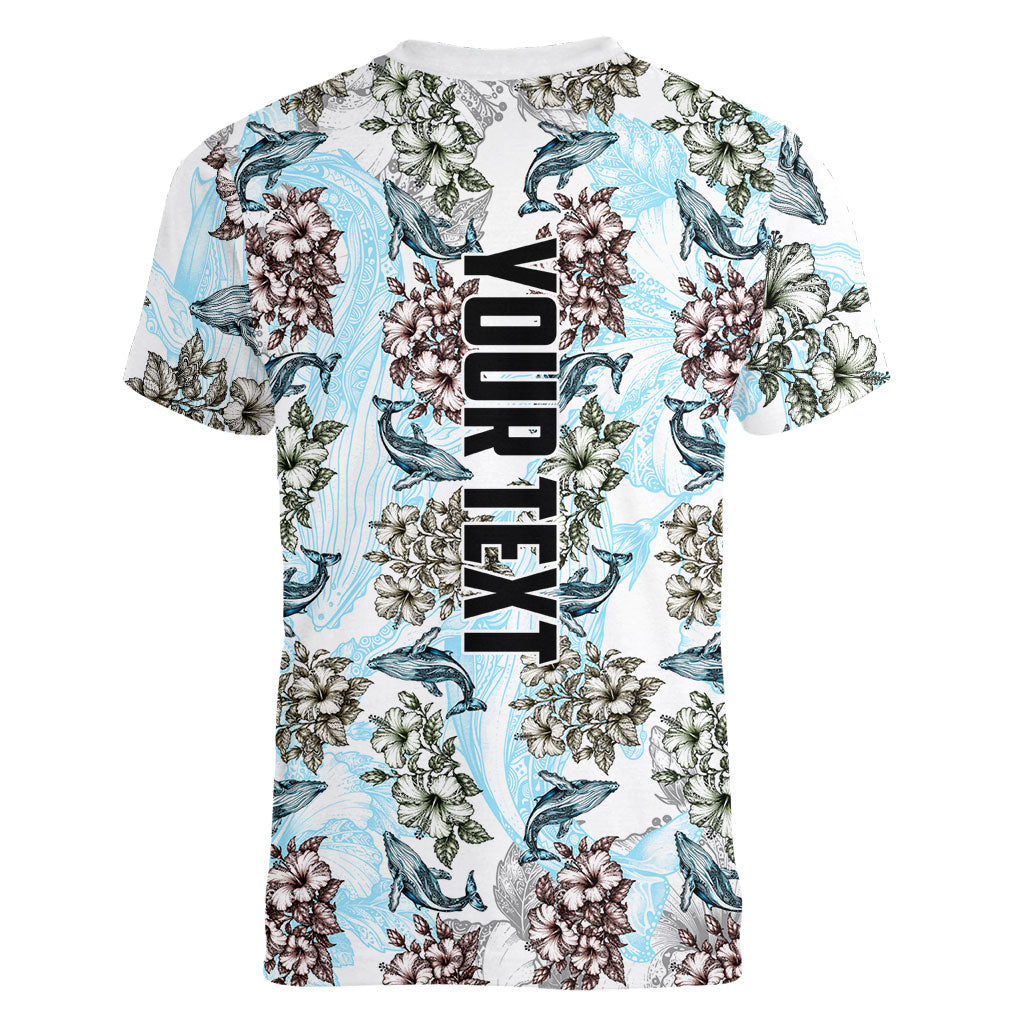 Personalized Masefau American Samoa Women V-Neck T-Shirt Vintage Whale Hibiscus Ocean Waves