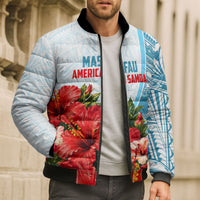 Personalized American Samoa Masefau Bomber Puffer Jacket Hibiscus Tropical Floral Whale Polynesian Tribal Pattern