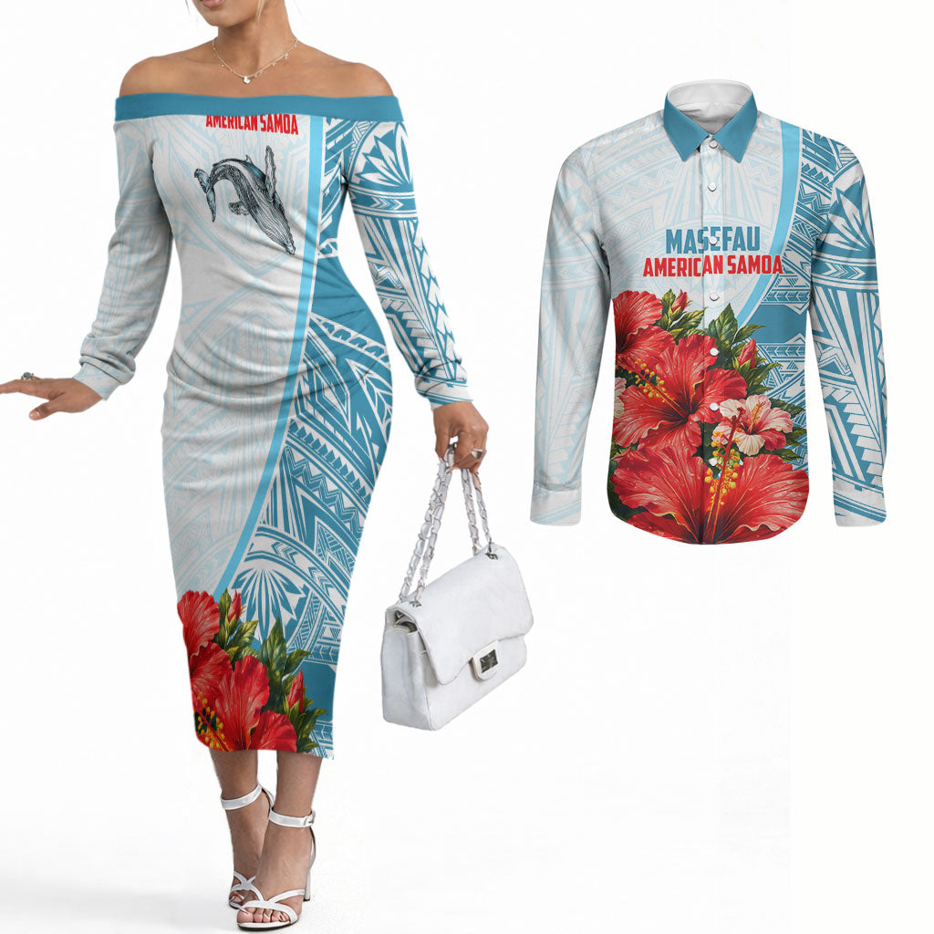 Personalized American Samoa Masefau Couples Matching Off The Shoulder Long Sleeve Dress and Long Sleeve Button Shirt Hibiscus Tropical Floral Whale Polynesian Tribal Pattern