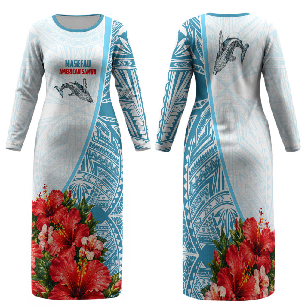 Personalized American Samoa Masefau Family Matching Long Sleeve Bodycon Dress and Hawaiian Shirt Hibiscus Tropical Floral Whale Polynesian Tribal Pattern