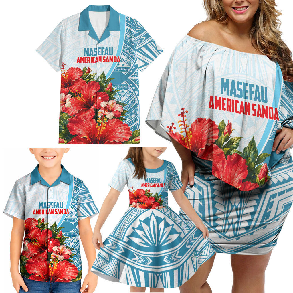 Personalized American Samoa Masefau Family Matching Off Shoulder Short Dress and Hawaiian Shirt Hibiscus Tropical Floral Whale Polynesian Tribal Pattern