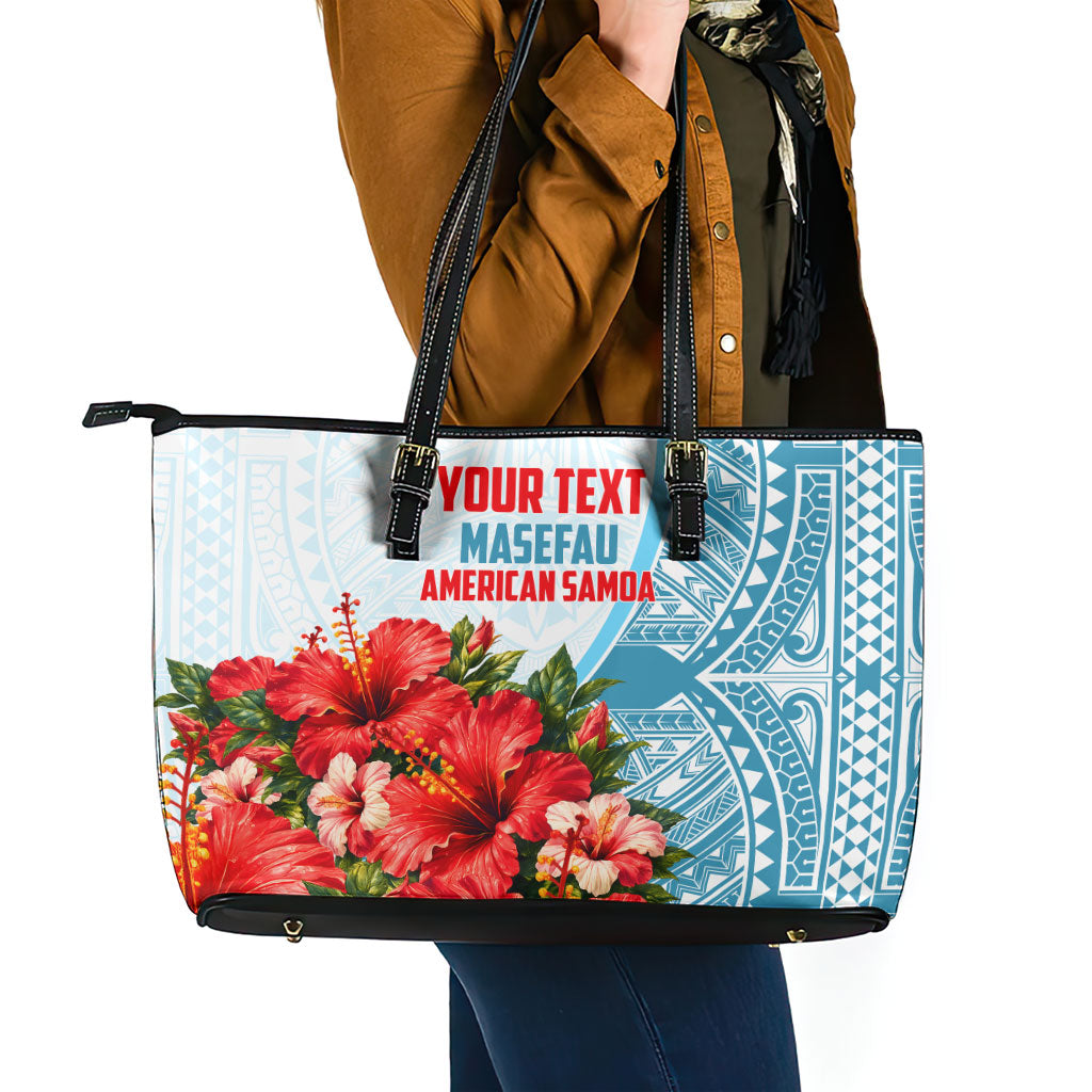 Personalized American Samoa Masefau Leather Tote Bag Hibiscus Tropical Floral Whale Polynesian Tribal Pattern