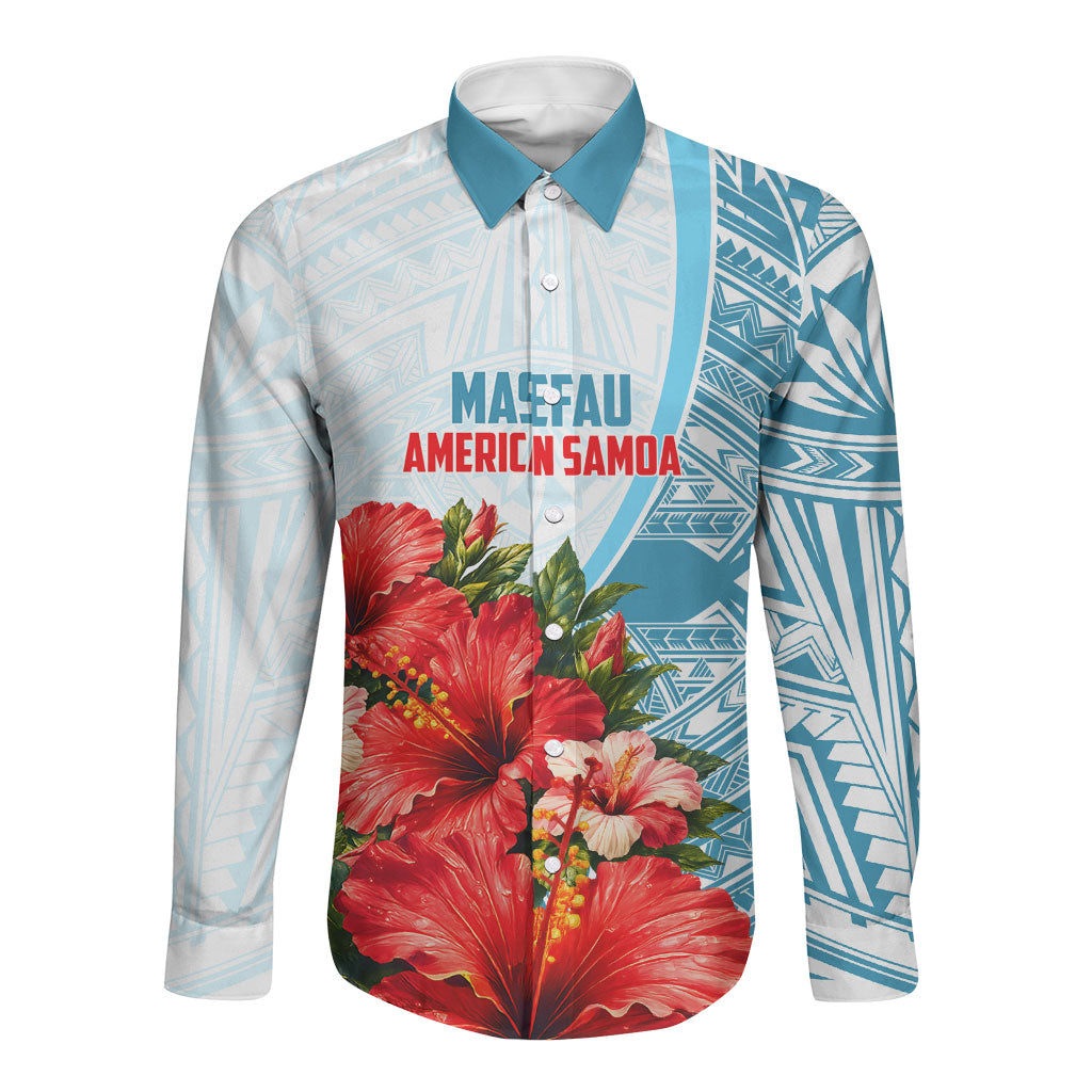 Personalized American Samoa Masefau Long Sleeve Button Shirt Hibiscus Tropical Floral Whale Polynesian Tribal Pattern TS04 Unisex White Blue - Polynesian Pride