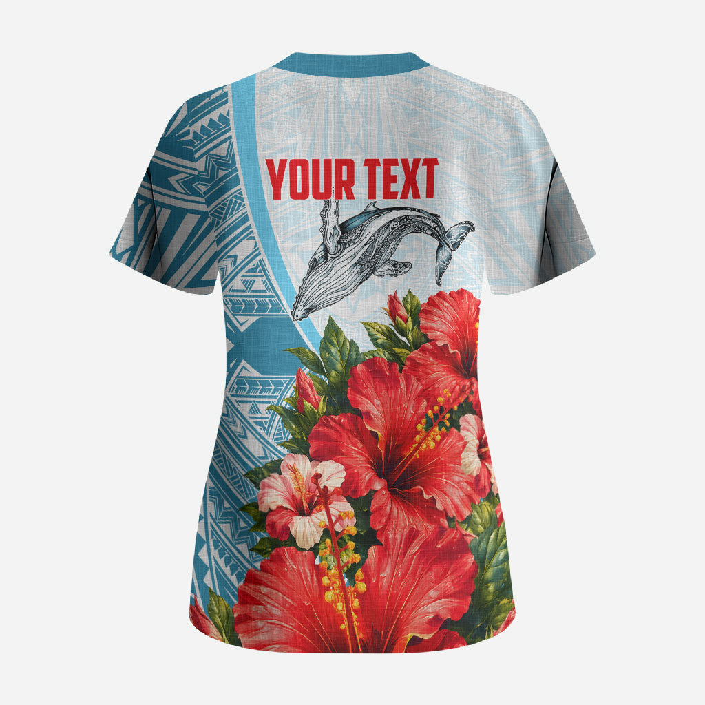 Personalized American Samoa Masefau Scrub Top Hibiscus Tropical Floral Whale Polynesian Tribal Pattern