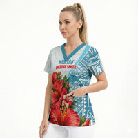 Personalized American Samoa Masefau Scrub Top Hibiscus Tropical Floral Whale Polynesian Tribal Pattern