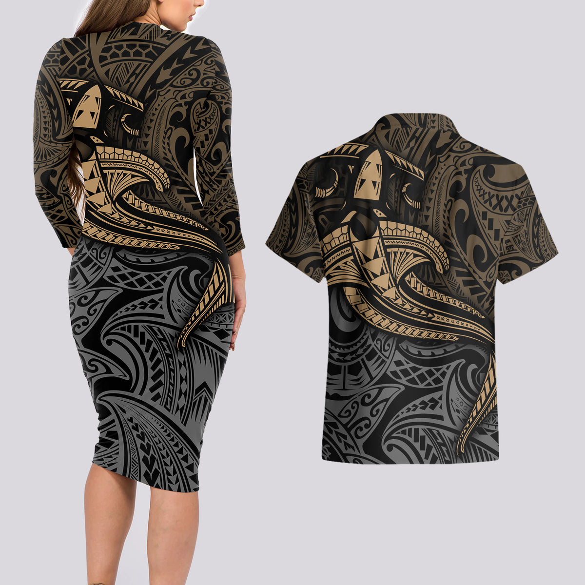 Polynesian Couples Matching Long Sleeve Bodycon Dress and Hawaiian Shirt Hammerhead Shark Tribal Pattern TS04 - Polynesian Pride