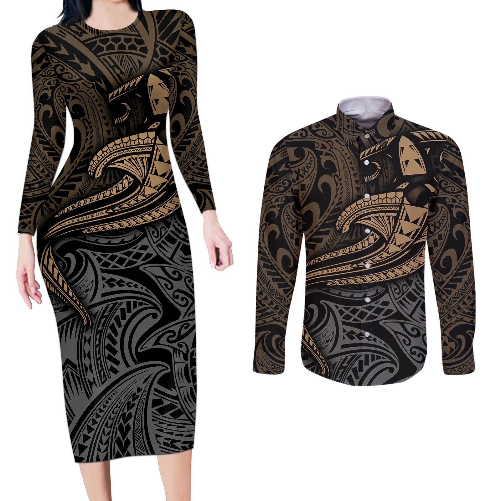 Polynesian Couples Matching Long Sleeve Bodycon Dress and Long Sleeve Button Shirts Hammerhead Shark Tribal Pattern TS04 Black Yellow - Polynesian Pride